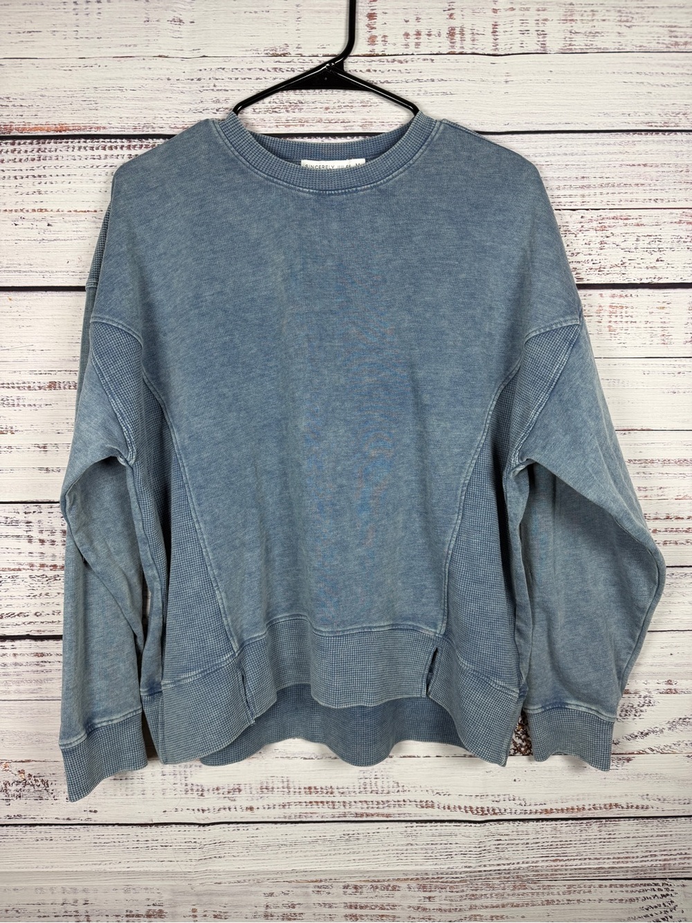 Sincerely Jules Blue Washed Sweatshirt Waffle Knit Oversized Pullover Medium